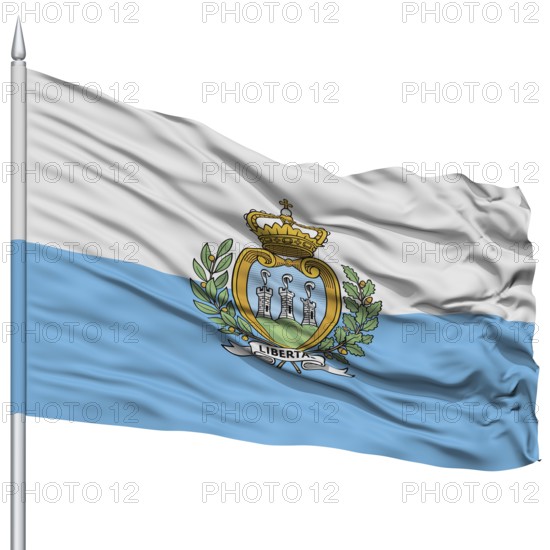 San Marino Flag on Flagpole, Flying in the Wind, Isolated on White Background