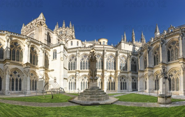 Burgos, Spain, 14 April, 2024: panorama view of the cloister of the historic Burgos Cathedral, Europe