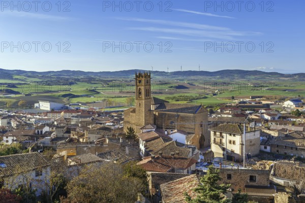 View of Artajona city with san Pedro church from fortress, Spain, Europe
