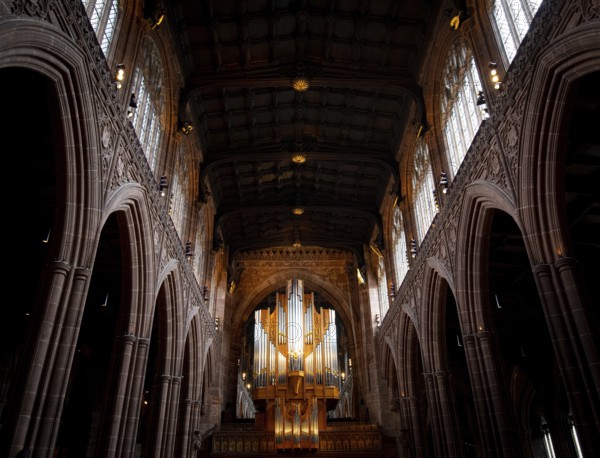 Manchester, United Kingdom, July 16 2019: Interior architecural details of the famous and beautiful Catholic Cathedral of Manchester in United Kingdom, Europe