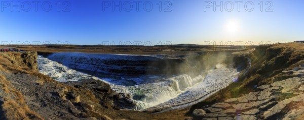 Gullfoss waterfall with ice, panorama, river Hvítá, Haukadalur, Golden Circle, South Iceland Iceland