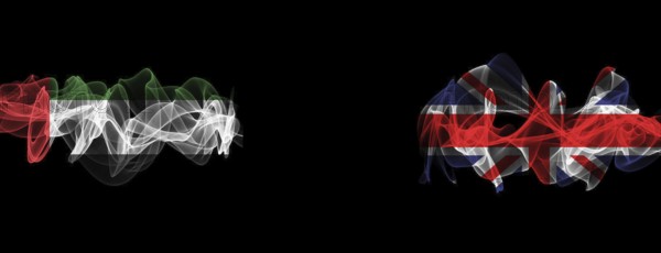 Flags of UAE and United Kingdom on Black background, UAE vs United Kingdom Smoke Flags