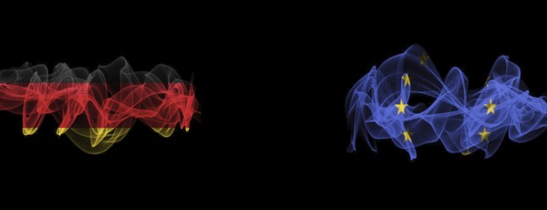 Flags of Germany and the EU on a black background, Germany vs Europe Union Smoke Flags