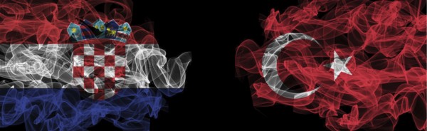 Flags of Croatia and Turkey on Black background, Croatia vs Turkey Smoke Flags
