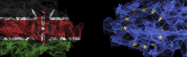 Flags of Kenya and EU on Black background, Kenya vs Europe Union Smoke Flags