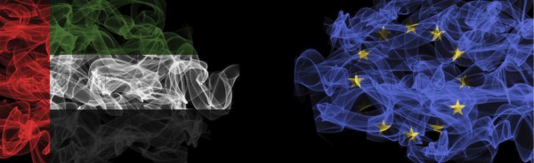Flags of UAE and EU on Black background, UAE vs Europe Union Smoke Flags