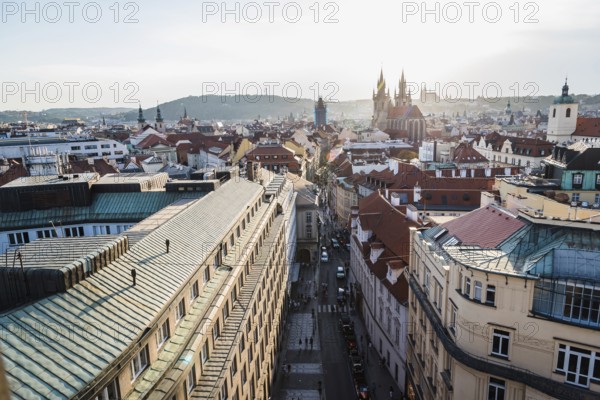 High angle view of historic centre of Prague from Powder tower