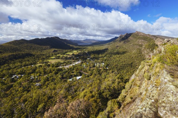 Iconic views from Chatauqua Peak over Halls Gap and surrounds on a warm autumn sunny day in Victoria, Australia, Oceania