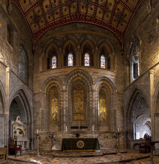 St Davids, United Kingdom, 28 August, 2022: panorama view of the ornate altar inside the St Davids Cathedral in Pembrokeshire, Europe