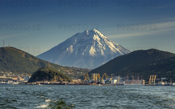 View of the city Petropavlovsk-Kamchatsky, Avacha Bay and Koryaksky volcano, Russian Far East, Kamchatka Peninsula
