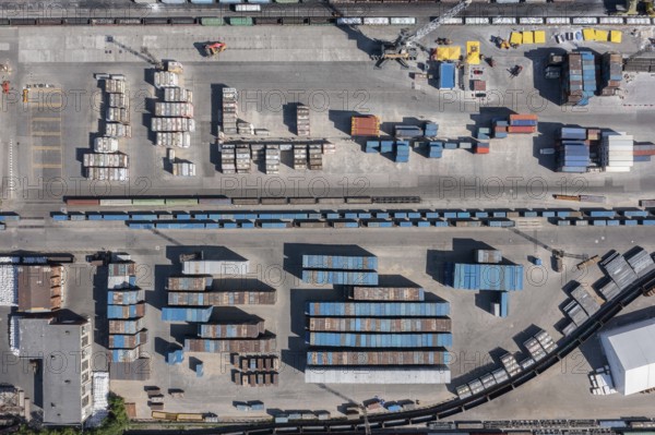 Aerial top view of cargo container terminal with railway, business transportation logistic in trade port