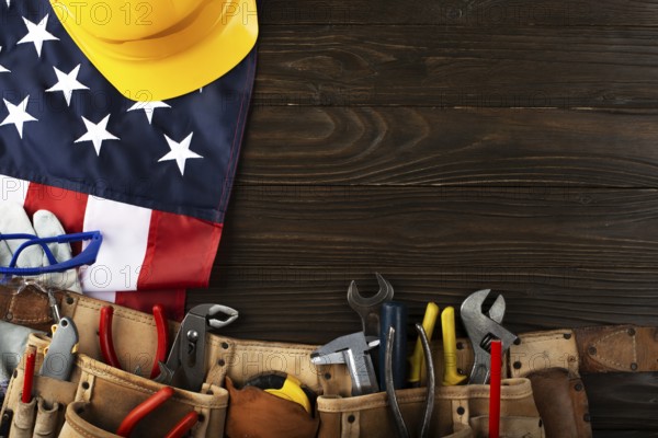 Tools hardhat toolbelt and us flag on wooden background labor day banner mockup