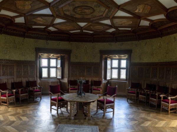 Bojnice, Slovakia, 26 September, 2022: detail view of a round sitting room in the castle tower of Bojnice Castle in Slovakia, Europe