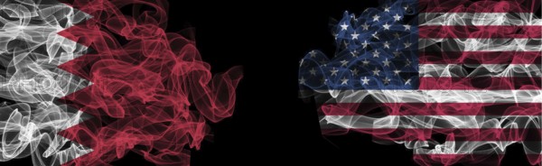 Flags of Bahrain and USA on Black background, Bahrain vs USA Smoke Flags