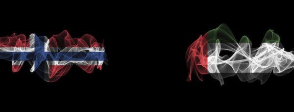 Flags of Norway and UAE on Black background, Norway vs United Arab Emirates Smoke Flags