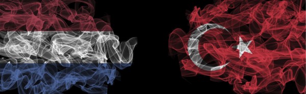 Flags of Netherlands and Turkey on Black background, Netherlands vs Turkey Smoke Flags