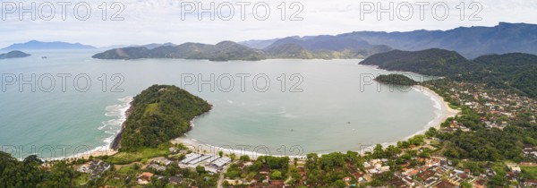 Aerial view panorama of town and Praia do Lazaro (Lazaro beach), Ubatuba, Brazil, South America