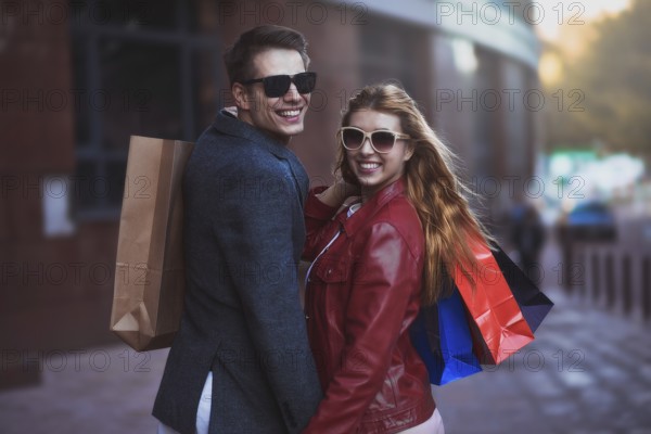 Picture showing young couple shopping in the city. Portrait of a couple with shopping bags in the city.People, sale, love and happiness concept