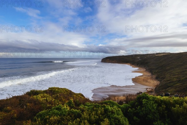 TORQUAY, AUSTRALIA, MAY 28 2023: The iconic Bells Beach with huge swell at near Torquay, Victoria, Australia, Oceania