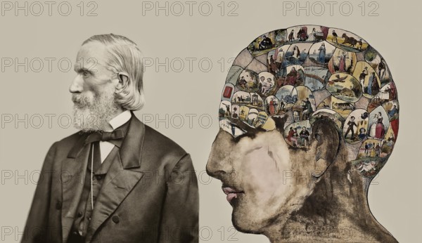 Orson Squire Fowler, 1809 – 1887, American phrenologist with a Phrenological Chart, head with mental and moral faculties