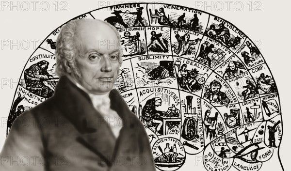 Franz Joseph Gall, 1758-1828, German neuroanatomist and physiologist with a Phrenological Chart, head with mental and moral faculties