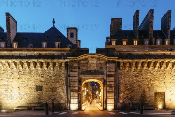 Gate in the Walls of Saint Malo at night, Brittany, France, Europe