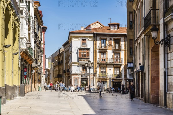 Oviedo, Spain, April 1, 2019: Street with traditional houses in historic city center, Europe