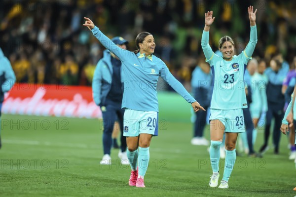 MELBOURNE, AUSTRALIA, JULY 31: Sam KERR of Australia celebrates beating Canada at the FIFA Women's World Cup Australia New Zealand 2023 at Melbourne Rectangular Stadium on July 31, 2023