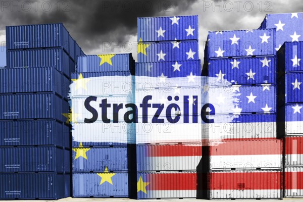 Stacked containers with European and US flags and the words punitive tariffs, symbolic photo trade between the USA and Europe, photomontage