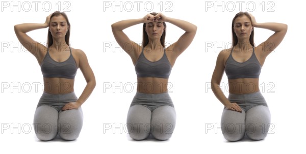 Collage. Girl practicing yoga in a studio on a white background. Isolate