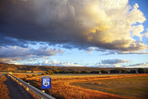 The endless Argentinean prairie and the famous Ruta 40 dirt road. A gigantic scenic thundercloud pierced by lightning strikes and illuminated by the sunset