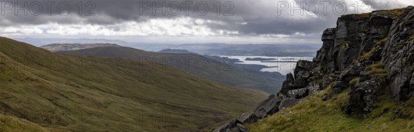 Rocks at the summit and views of Loch Lomond and the Loch Lomond and the Trossachs National Park area, Ben Lomond, Rowardennan, Scotland, United Kingdom, Europe