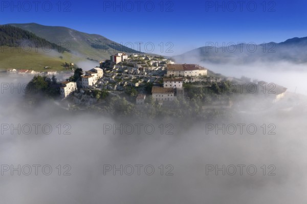 Aerial photographic documentation of the town of Castelluccio di Norcia Italy devastated by the earthquake