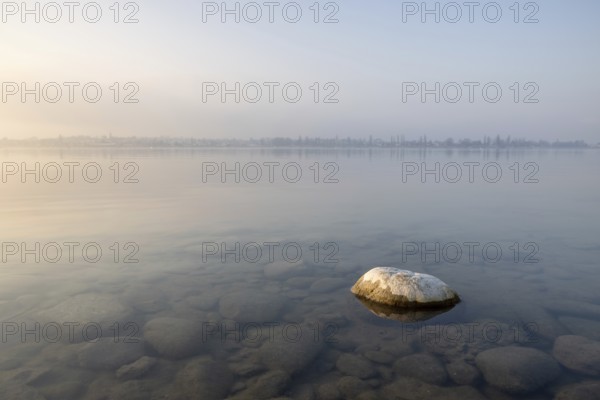A large stone rests in the calm waters of a misty lake at dawn, harbour, Allensbach, Baden-Württemberg, Germany, Europe
