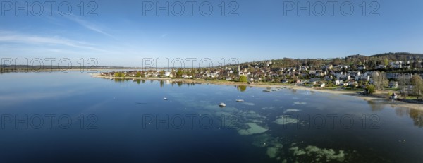 Drone shot, shore panorama, Ermatingen on Lake Constance, Thurgau, Switzerland, Europe