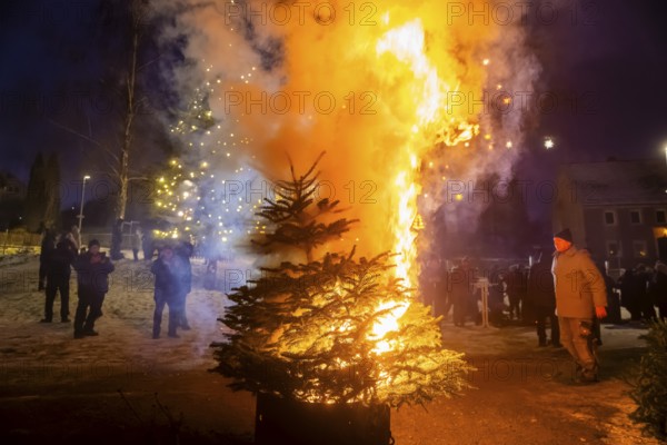 Christmas tree burning on the Kleinnauendorf fairground. The local history association G-Haus invited people to a fiery spectacle to part with their old Christmas trees. What was particularly remarkable was the fact that there were very quickly burning specimens and, in turn, almost unburnable ones, Kleinnauendorf, Saxony, Germany, Europe