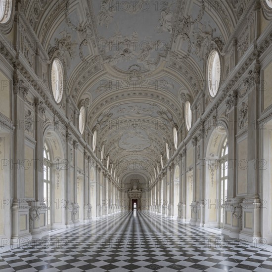 Magnificent Baroque interior with long corridors and high ceilings, Palace of Venaria Reale, Residences of the House of Savoy, Turin, Piedmont, Italy, Europe