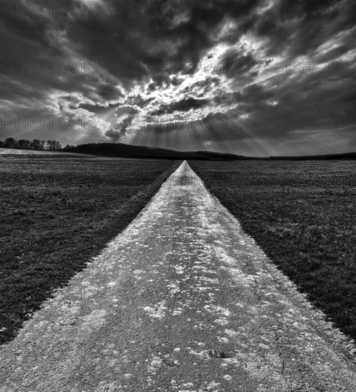 Bike path R1 with a dramatic cloudy sky, near Wesertal, Weser Uplands, Weserbergland, Hesse, Germany, digitally edited, Europe