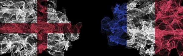 Flags of England and France on Black background, England vs France Smoke Flags