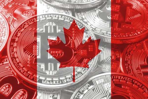 Canada bitcoin flag, national flag cryptocurrency concept black background