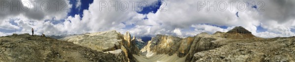 360°Panoramic view of the Sella massif with view the Mittagstal valley and the Piz Boe, South Tyrol, Italy 360 ° Panoramic view of the Sella with view the Mittagstal valley and the Piz Boé, South Tyrol, Italy, Europe