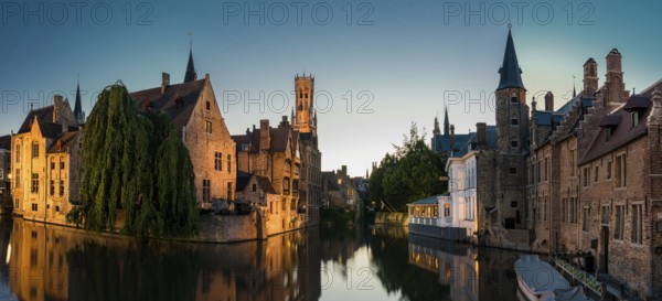 The canal during sunset at the Rozenhoedkaai, Bruges, Belgium, July 2017, Europe