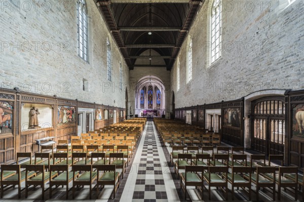 Belgium, 02 20 2019: Classic symmetrical interior design of the La Cambre Abbey, Europe
