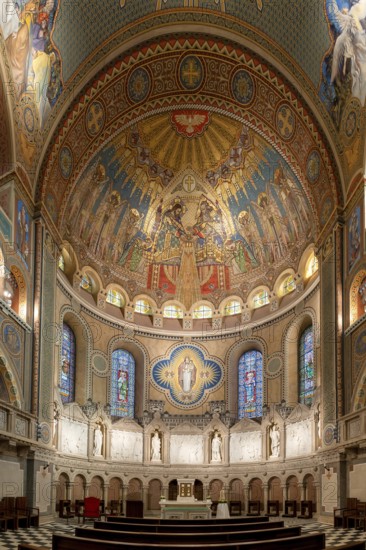Szeged, Hungary, 14 October, 2022: view of the Our Lady of Hungary fresco and the main altar in the Votive Church in Szeged, Europe