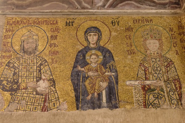 The Comnenus mosaic depicting Virgin Mary and Christ in Hagia Sophia, former Orthodox cathedral and Ottoman imperial mosque, in Istanbul, Turkey, Asia