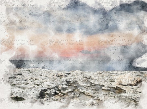 A beautiful watercolor after sunset scene with glowing twilight sky illuminated with pink over a calm dark blue sea with white limestone cliffs and rock pools