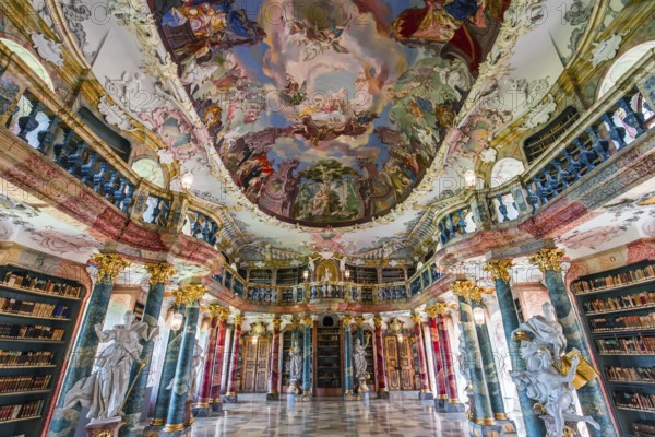 WIBLINGEN, BAVARIA, GERMANY, JUNE 08, 2022 : Rococo and baroque decors of the library in Wiblingen abbey, near Ulm city, by architects Christian and Johann Wiedemann, 18th century