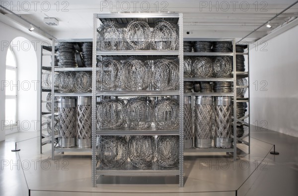 Fencing and steel shelves, Acropolis Redux, Stathis Logothetis, installation by the conceptual artist Kendell Geers, Fridericianum, documenta 14 exhibition, 2017, Kassel, Germany, Europe