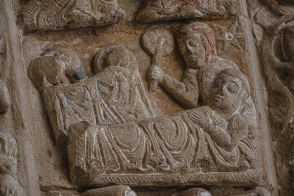 North Romanesque portal, birth of Christ, Church of El Salvador, Romanesque from the 13th century, Ejea de los Caballeros, Cinco Villas, Aragon, Spain, Europe