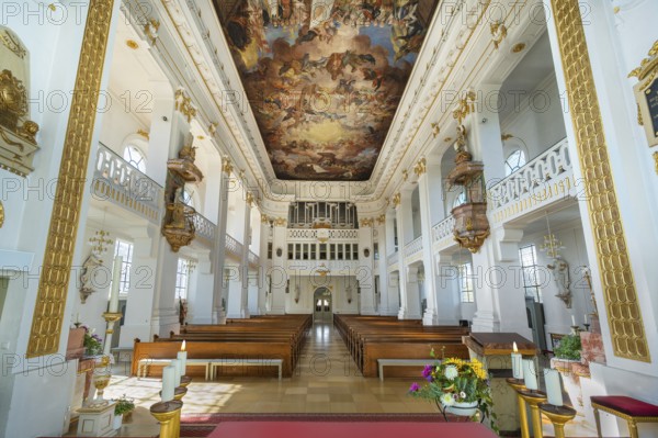 The organ loft with ceiling fresco of the Roman Catholic Church of St Verena, Bad Wurzach, Allgäu, Baden-Württemberg, Germany, Europe
